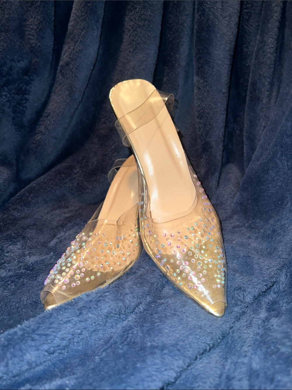 Clear Pointed Mule with Iridescent Rhinestones - Gold